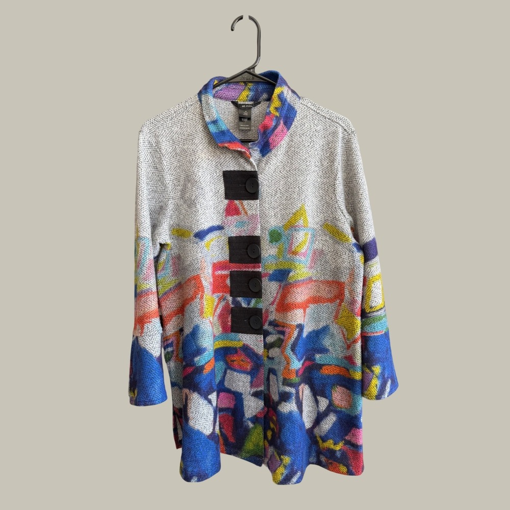 Ali Miles Abstract Art Graffiti Print Button Front Jacket Grey Multicolor Medium